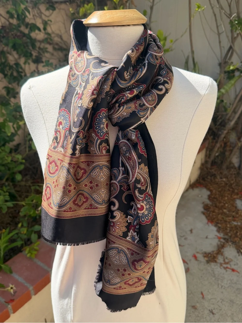 Black Paisley Silk-Feel Scarf with Gold & Red Accents